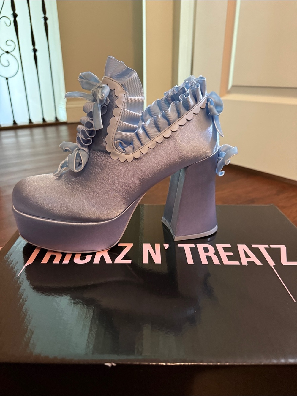 Light blue Ruffle Platform Heels - Women's Decorative Satin Shoes